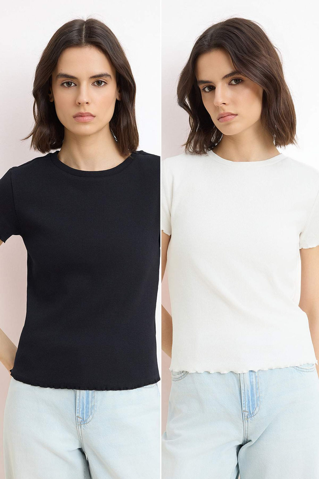 Wardrobe Essentials-Siyah-Ekru 2li Paket Fitted/Vucuda Oturan Esnek Orme T-Shirt TWOSS26TS00154