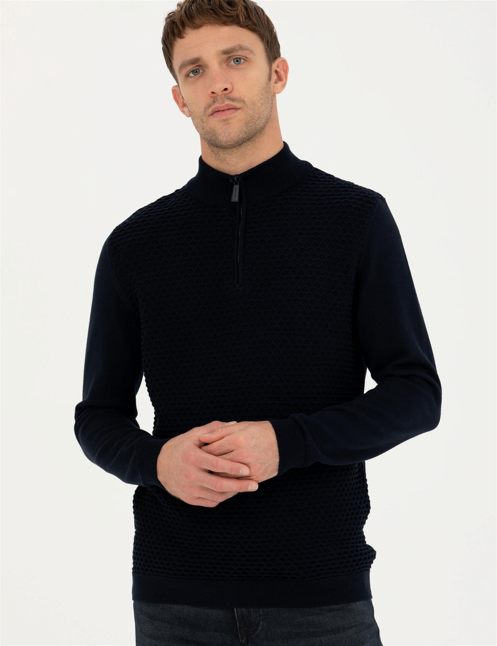 Lacivert Slim Fit Fermuarl_ Dik Yaka Triko Kazak - Pierre cardin фото 3