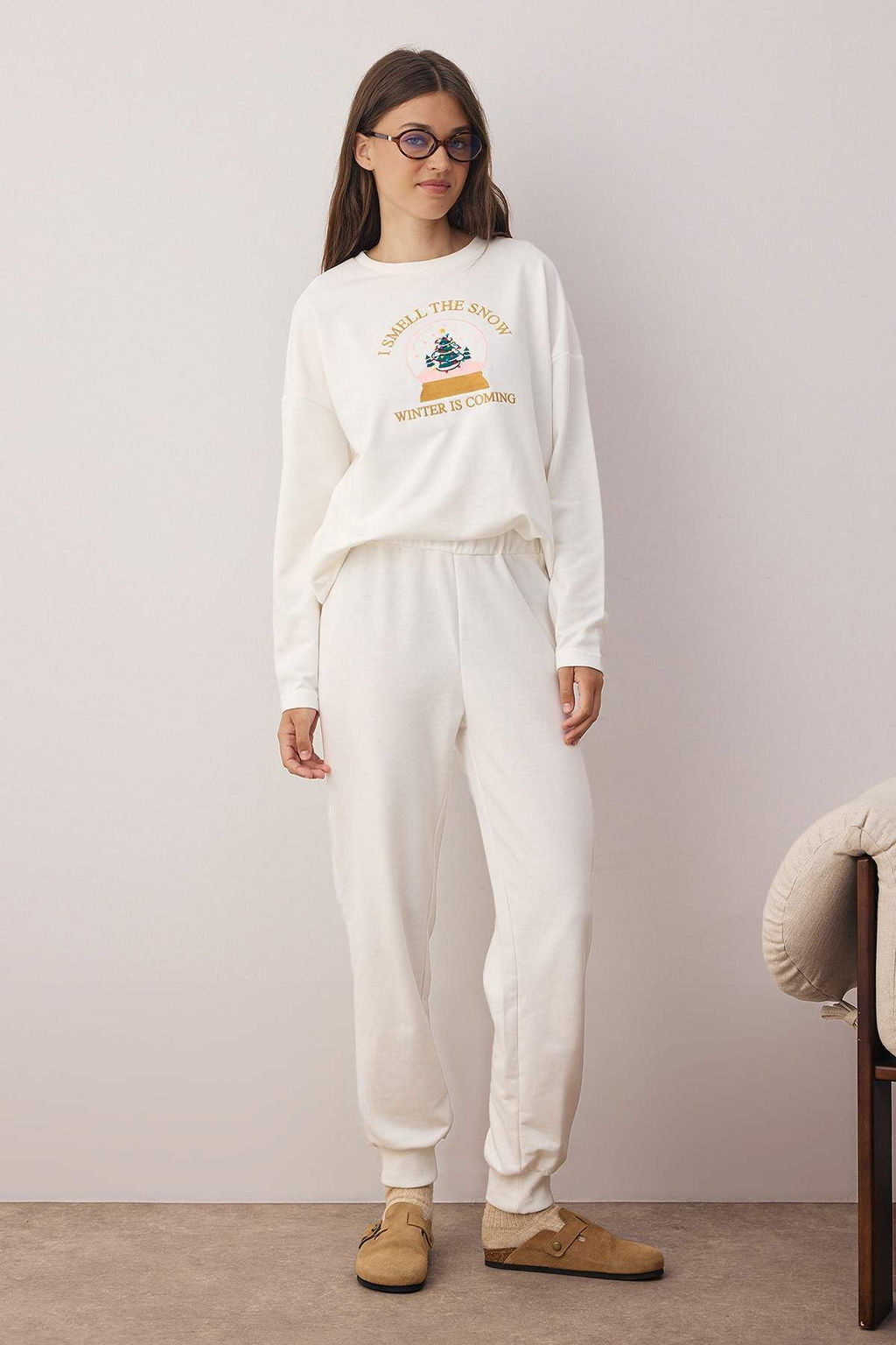 Ekru Y?lbas? Temal? Slogan Nak?sl? Orme Pijama Tak?m? THMAW26PT00034 - Trendyolmilla фото 2