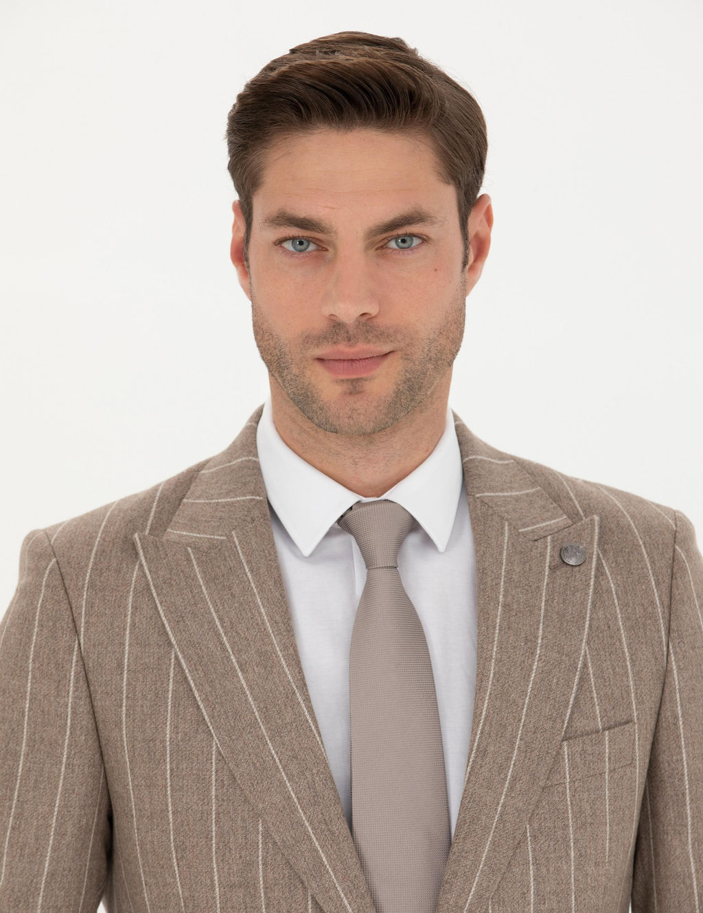 Bej _izgili Ekstra Slim Fit Y_n Tak_m Elbise