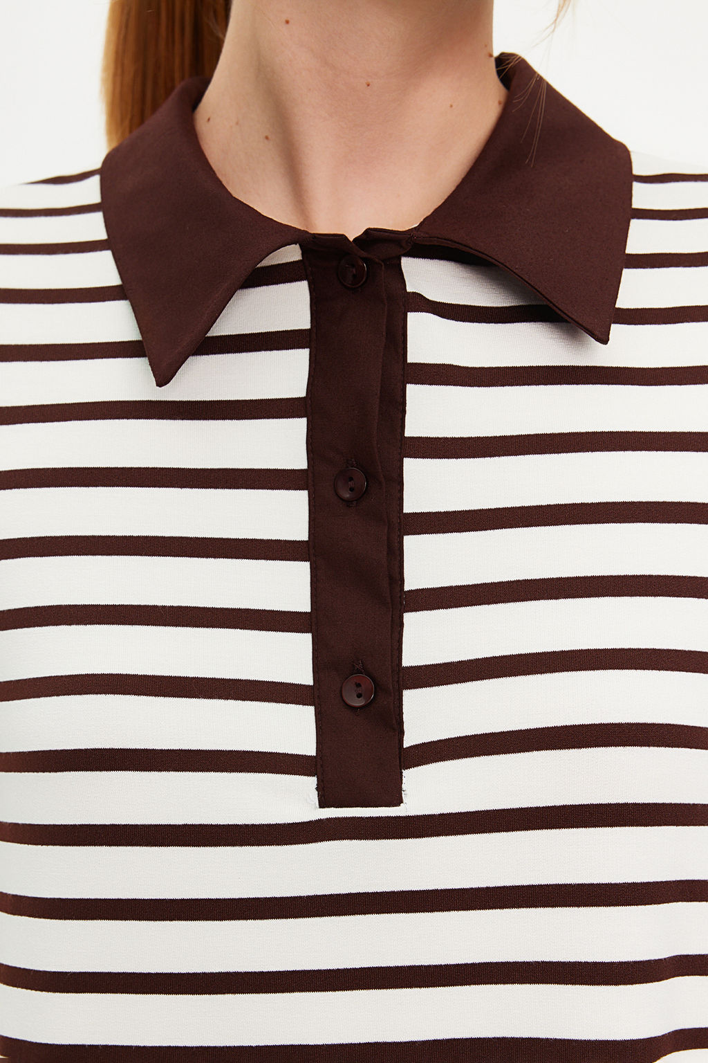 Kahverengi Beyaz Cizgili Polo Yaka A Kesim/Can Form Orme Elbise TWOSS24EL00023 - Trendyolmilla фото 5
