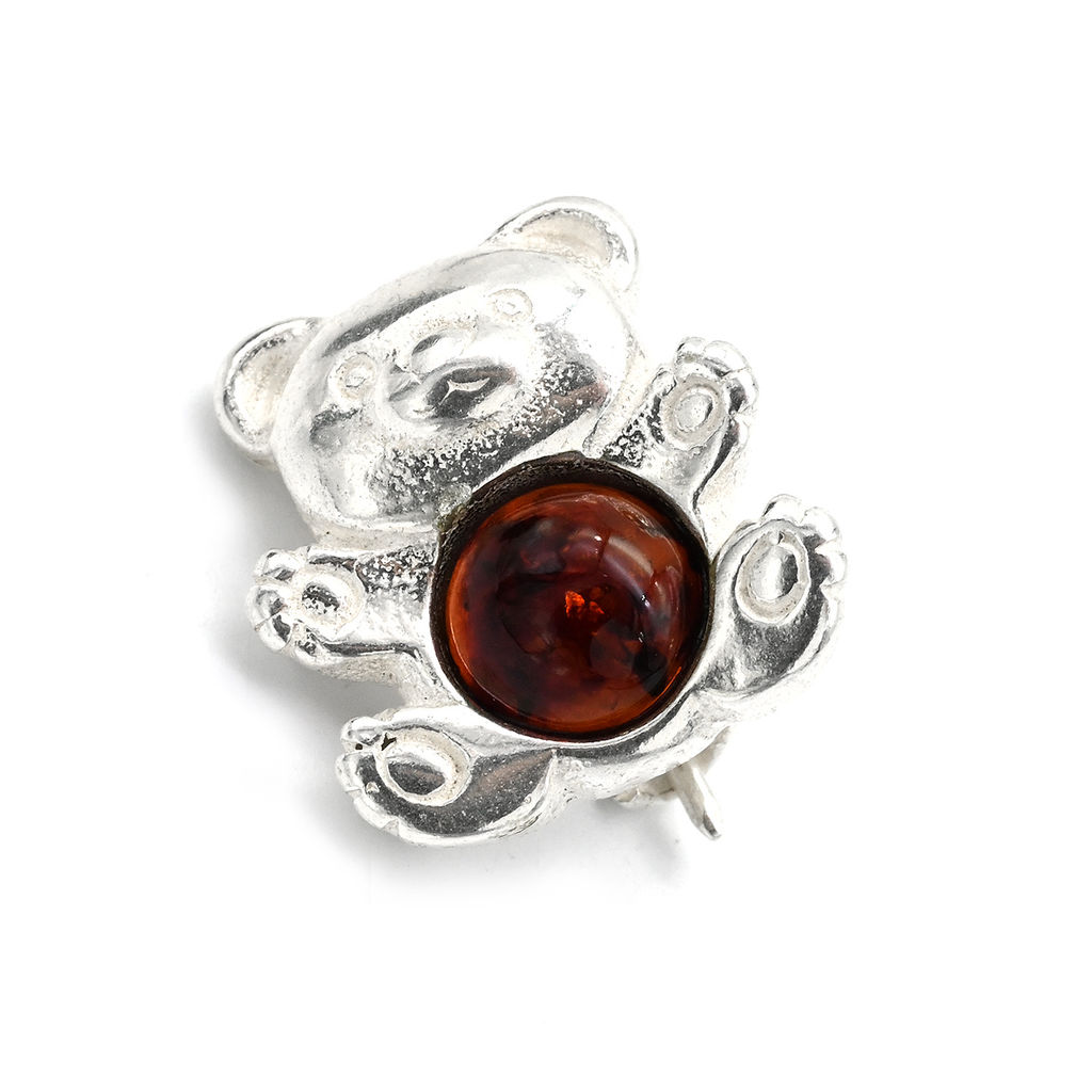 Брошь Мишка 15*16мм с янтарём в посеребрении цв.коньячный