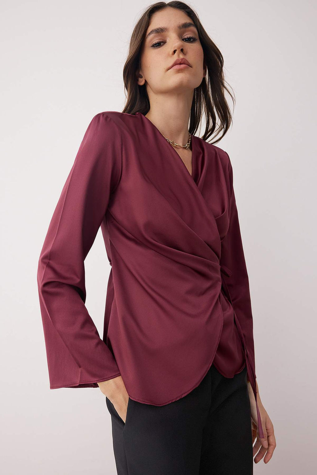 Bordo Saten Kruvaze Dokuma Bluz TWOAW26BZ00052 - Trendyolmilla фото 5