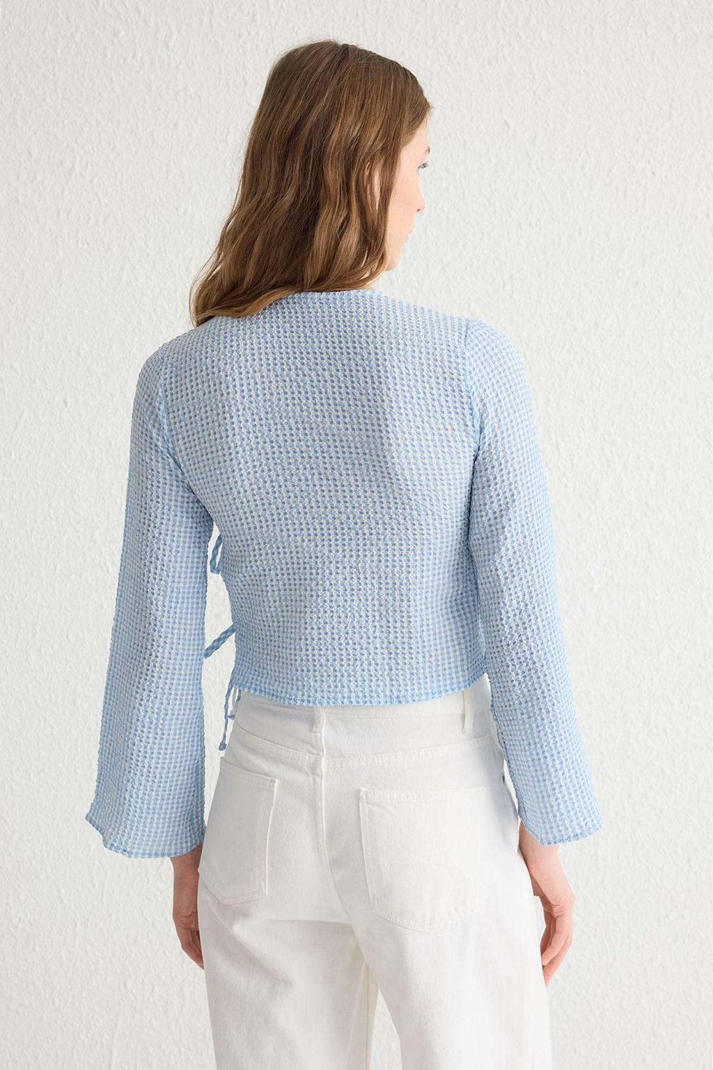 Trendyolmilla Mavi Gofre Potikare Crop Dokuma Bluz TWOSS25BZ00059  фото 5