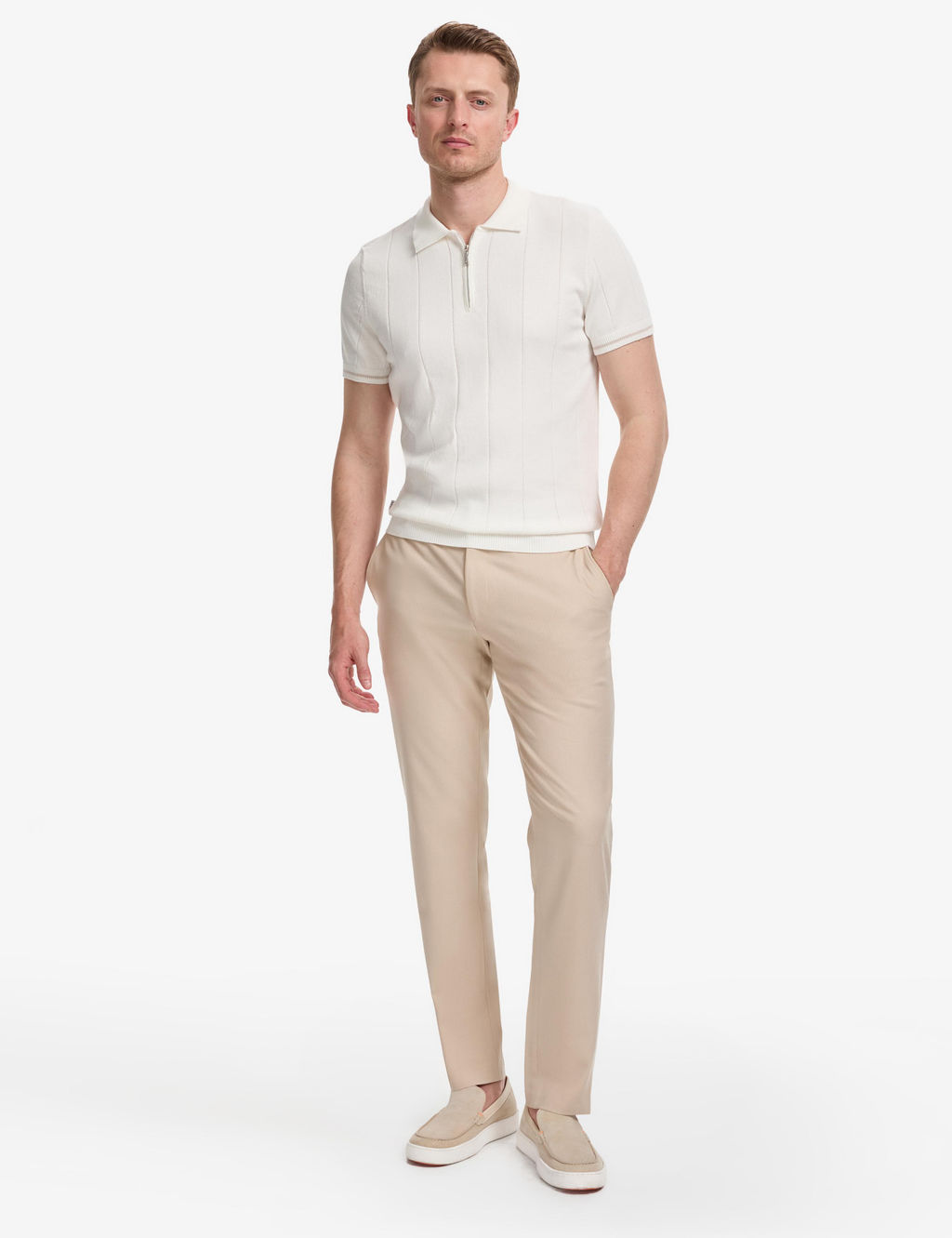 Ekru Slim Fit %100 Pamuk Fermuarl_ Polo Yaka Triko Ti__rt