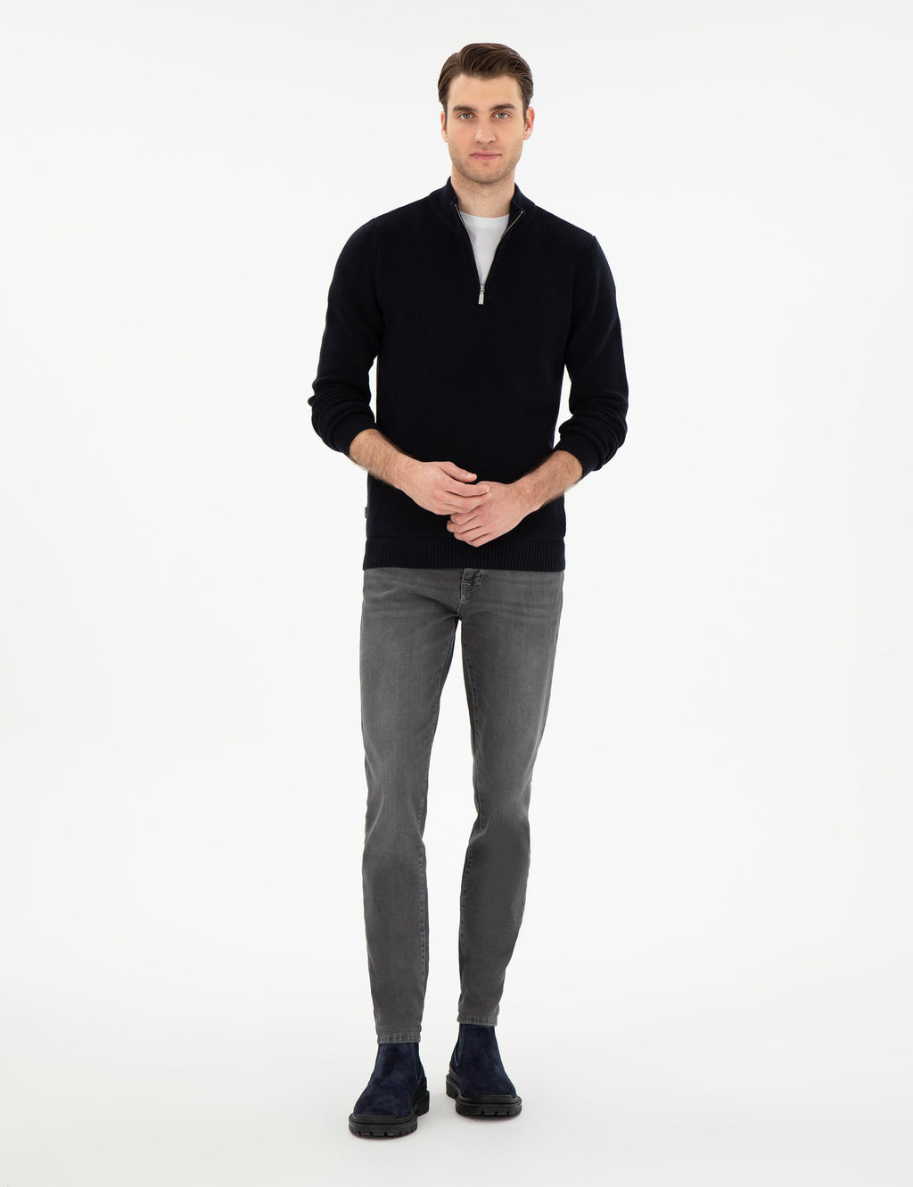 Lacivert Slim Fit Fermuarl_ Dik Yaka Kazak
