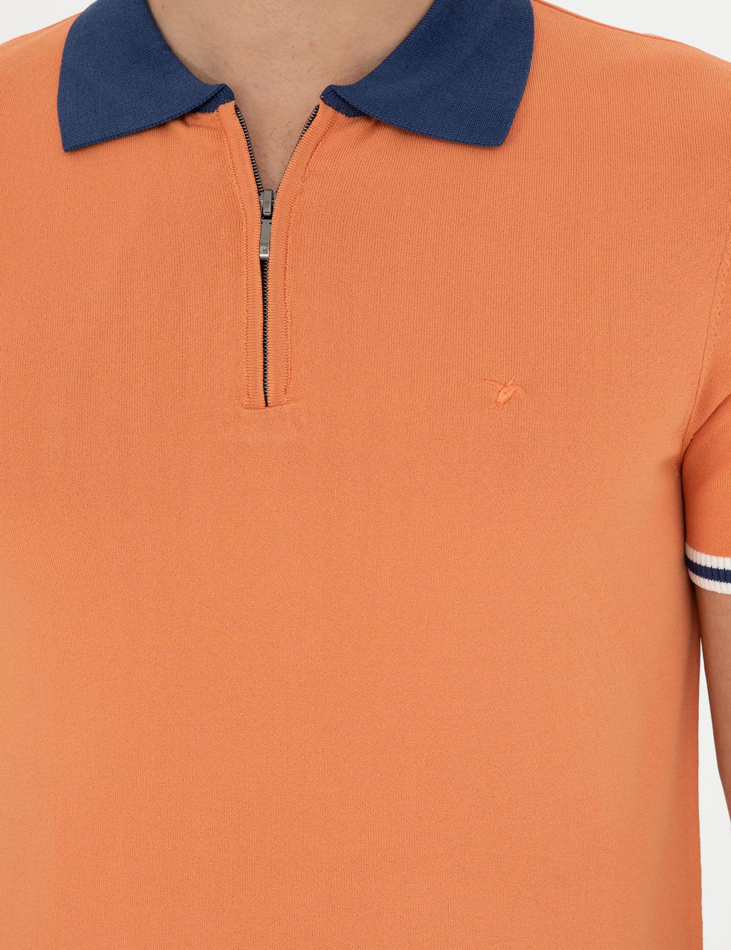 Turuncu Slim Fit Fermuarl_ Polo Yaka Triko T-shirt