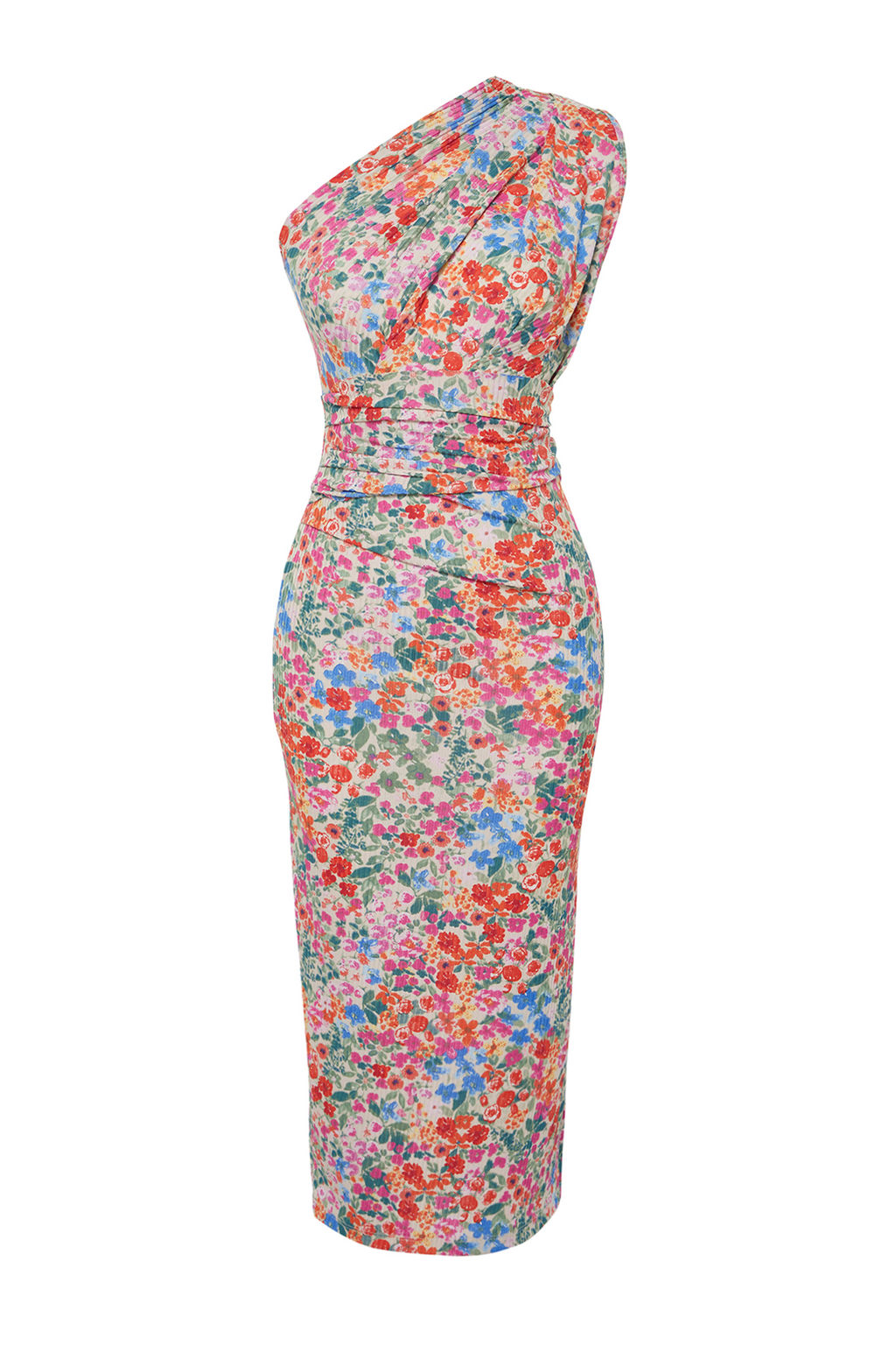 Cok Renkli Vucuda Oturan Tek Omuz Asimetrik Buzgu Detayl? Orme Midi Kalem Elbise TWOSS23EL02182