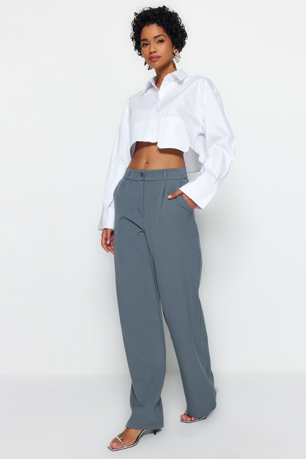 TRENDYOLMLLA Ekru Yksek Bel Wide Leg/Geni Paa Pilili Dokuma Pantolon TWOAW21PL0076 - Trendyolmilla фото 4