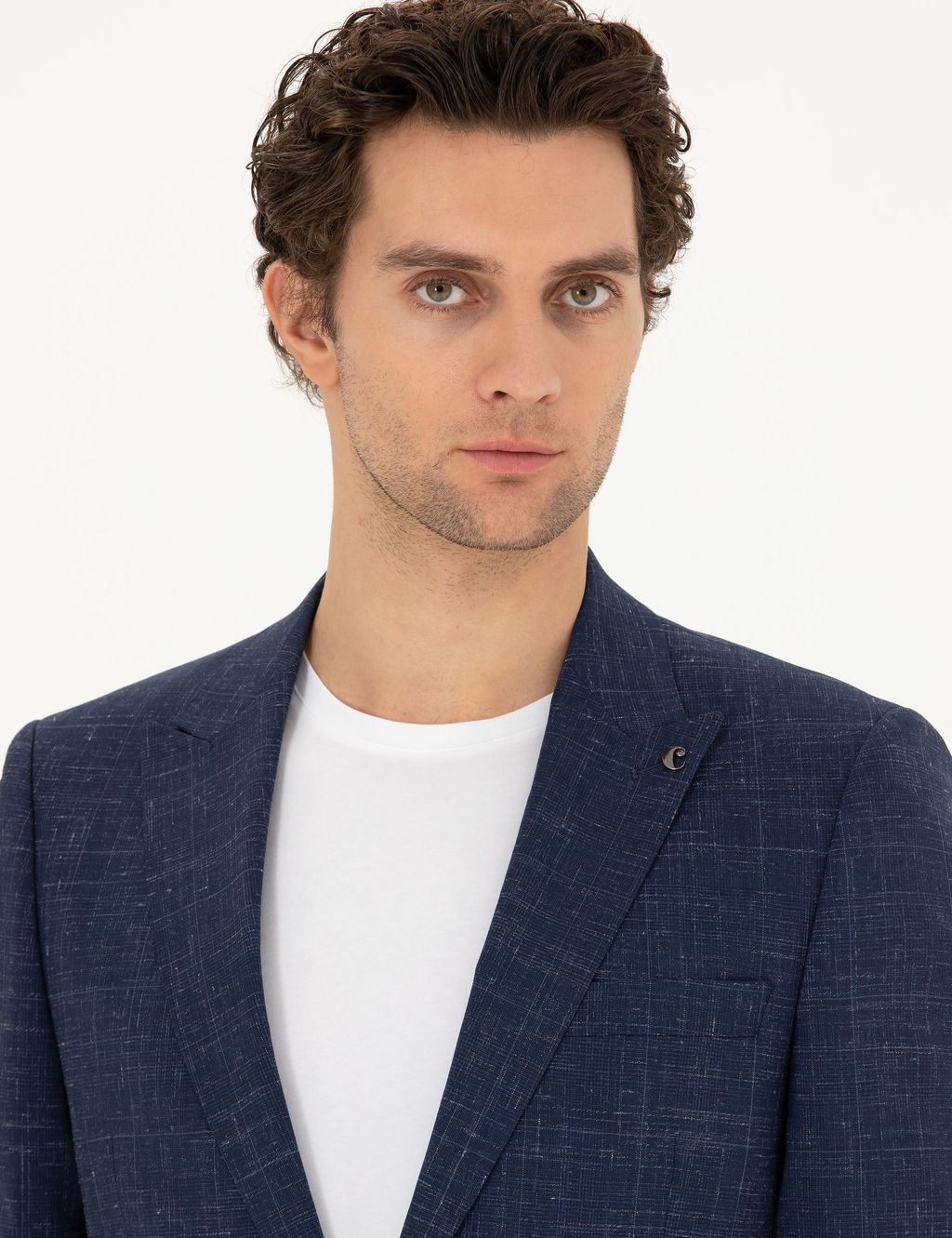 Lacivert Slim Fit Y_n Keten Kar___ml_ Tak_m Elbise