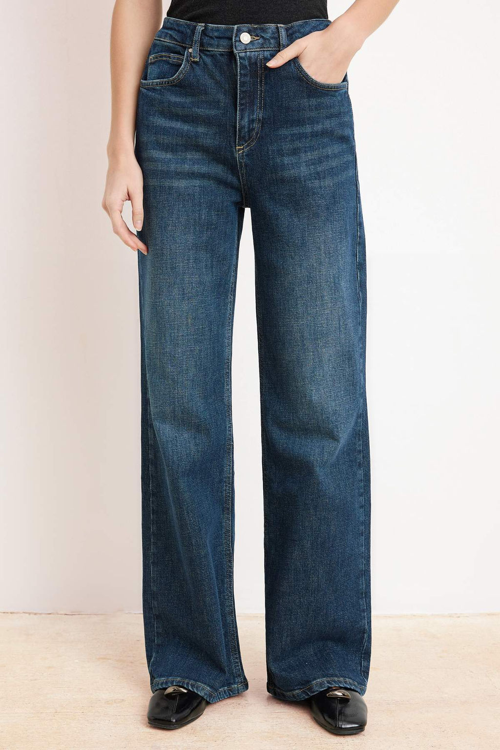Koyu Mavi Yuksek Bel Az Esnek Wide Leg Genis Paca Jeans TWOSS26JE00153 - Trendyolmilla фото 5