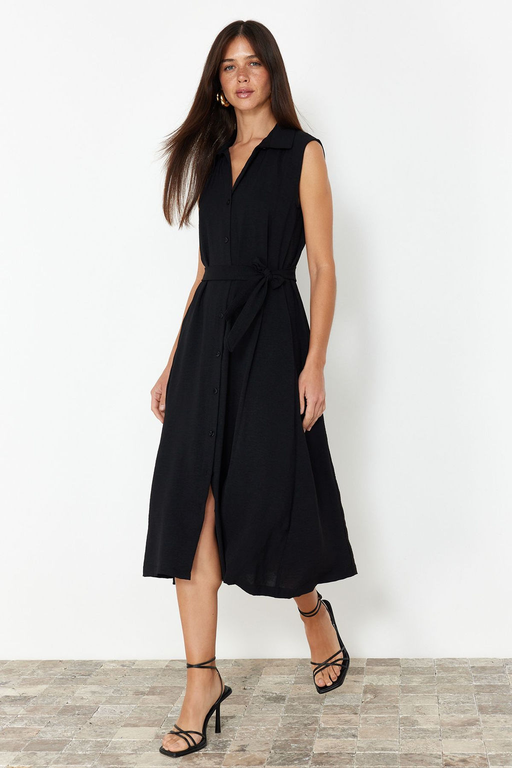 Siyah Kusakl? Duz Midi Kusakl? Siyah Kolsuz Gomlek Dokuma Elbise TWOSS24EL00984 - Trendyolmilla фото 2