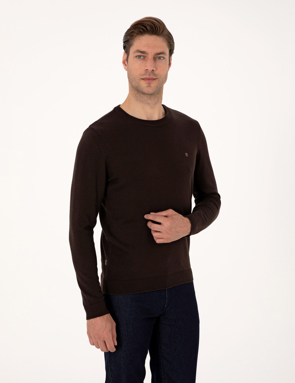 Koyu Kahverengi Slim Fit Bisiklet Yaka Basic Triko Kazak - Pierre cardin фото 3