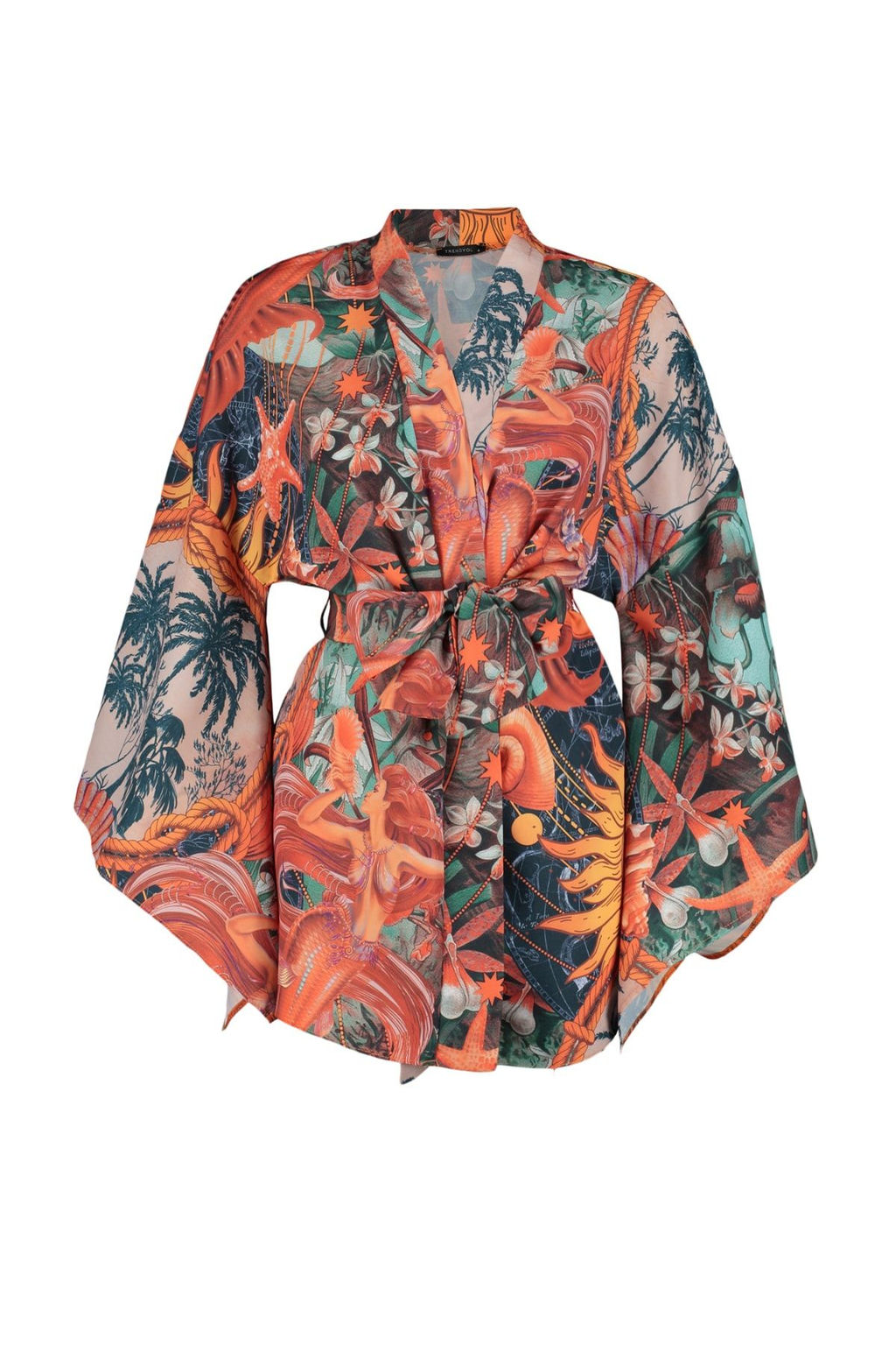 Tropikal Desenli Kusakl? Volanl? Mini Dokuma Plaj Kimono&Kaftan TBESS23KM00024 - Trendyolmilla фото 7