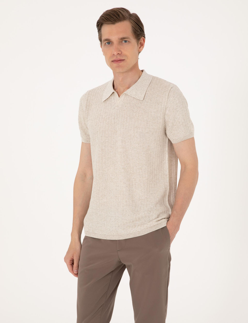 Bej Slim Fit Polo Yaka Triko Ti__rt - Pierre cardin фото 3