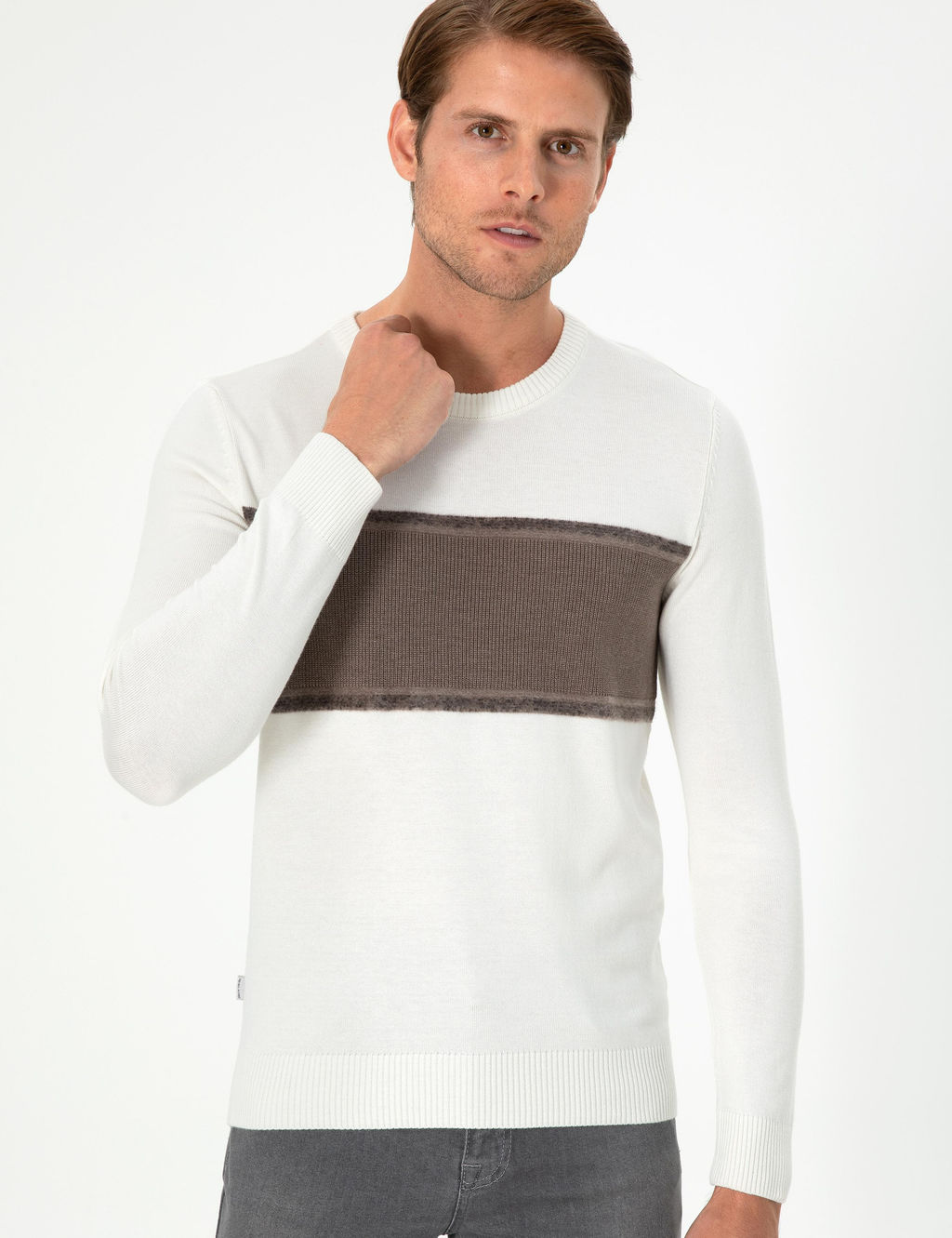 Ekru Slim Fit Bisiklet Yaka Y_n Kar___ml_ Triko Kazak - Pierre cardin фото 3