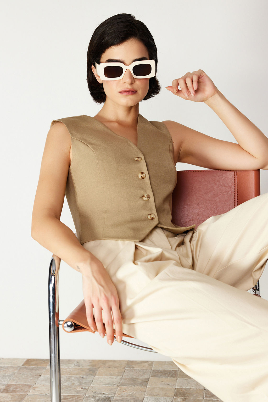 TRENDYOLMILLA Kiremit Premium Regular Kal?p Crop Dokuma Yelek TWOSS24YE00017 фото 14