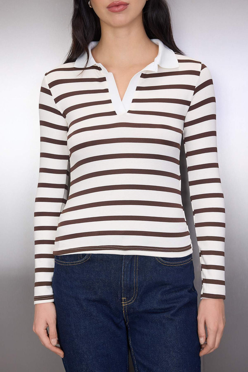 Kahverengi Cizgili Soft Touch Polo Yaka Vucuda Oturan Orme Bluz TWOAW26BZ00355 - Trendyolmilla фото 3