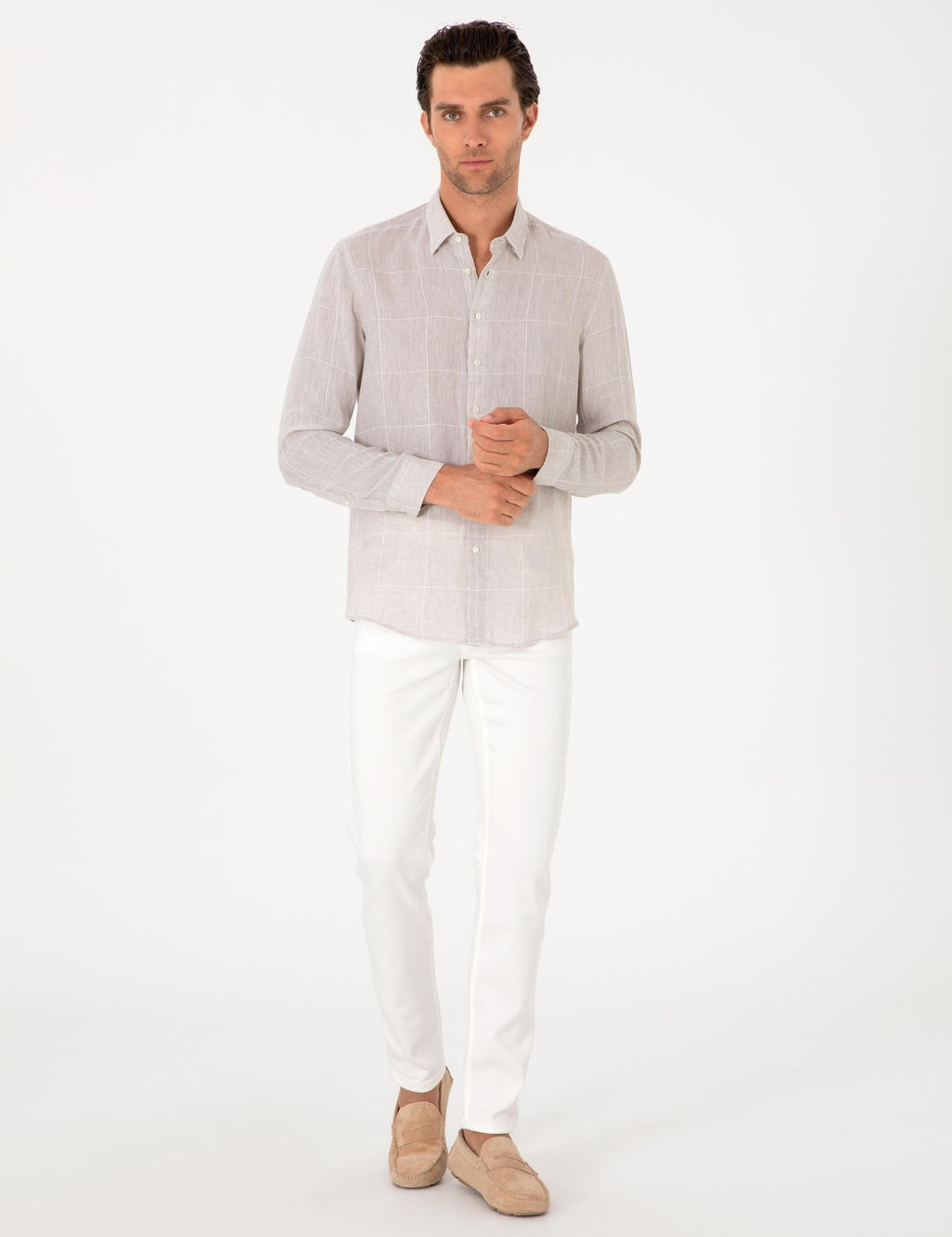 Bej Regular Fit Kareli %100 Keten G_mlek - Cacharel фото 4