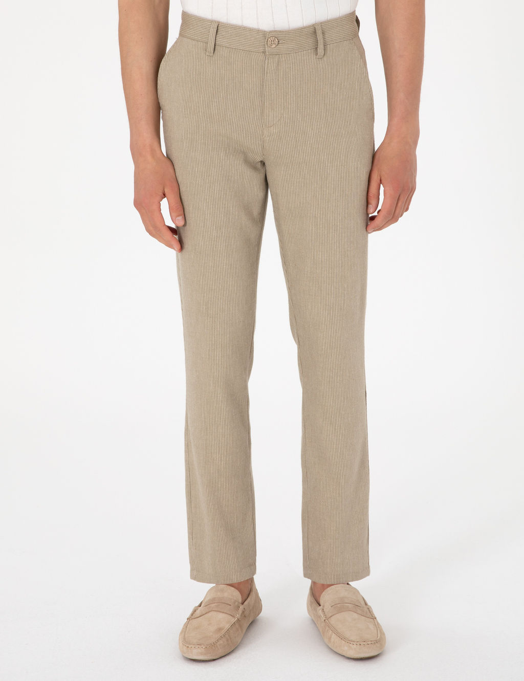 Haki Slim Fit Keten Kar___ml_ _izgili Kanvas Pantolon