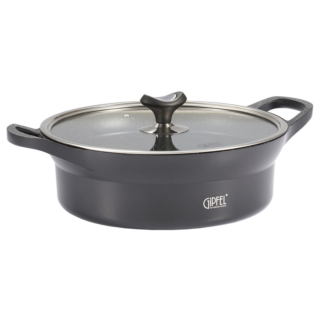 51921 GIPFEL Кастрюля-сотейник AZUL BLACK 26x9,0см/3,7л из литого алюминия со стеклянной крышкой, индукционным дном, двуслойным антипригарным мраморным покрытием Greblon Weilburger. Толщина: 1,6/4,5мм
