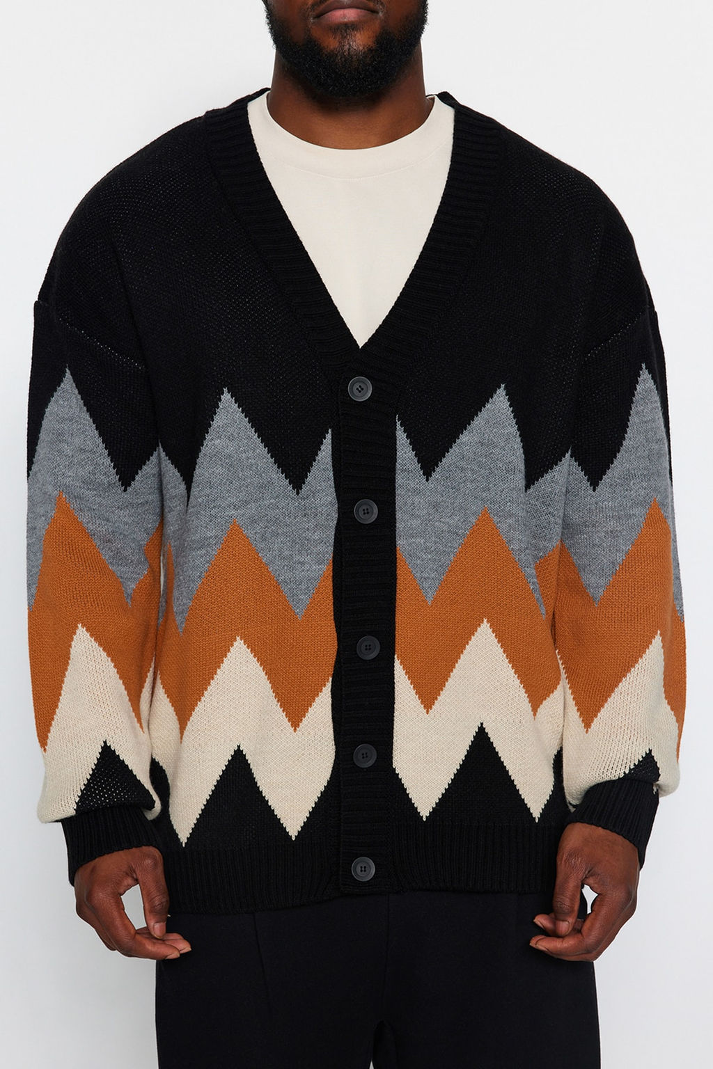 TRENDYOL MAN Siyah Buyuk Beden Oversize Fit Genis Kal?p Baklava Desenli Triko H?rka TMNAW24AV00004 - Trendyolmilla фото 4