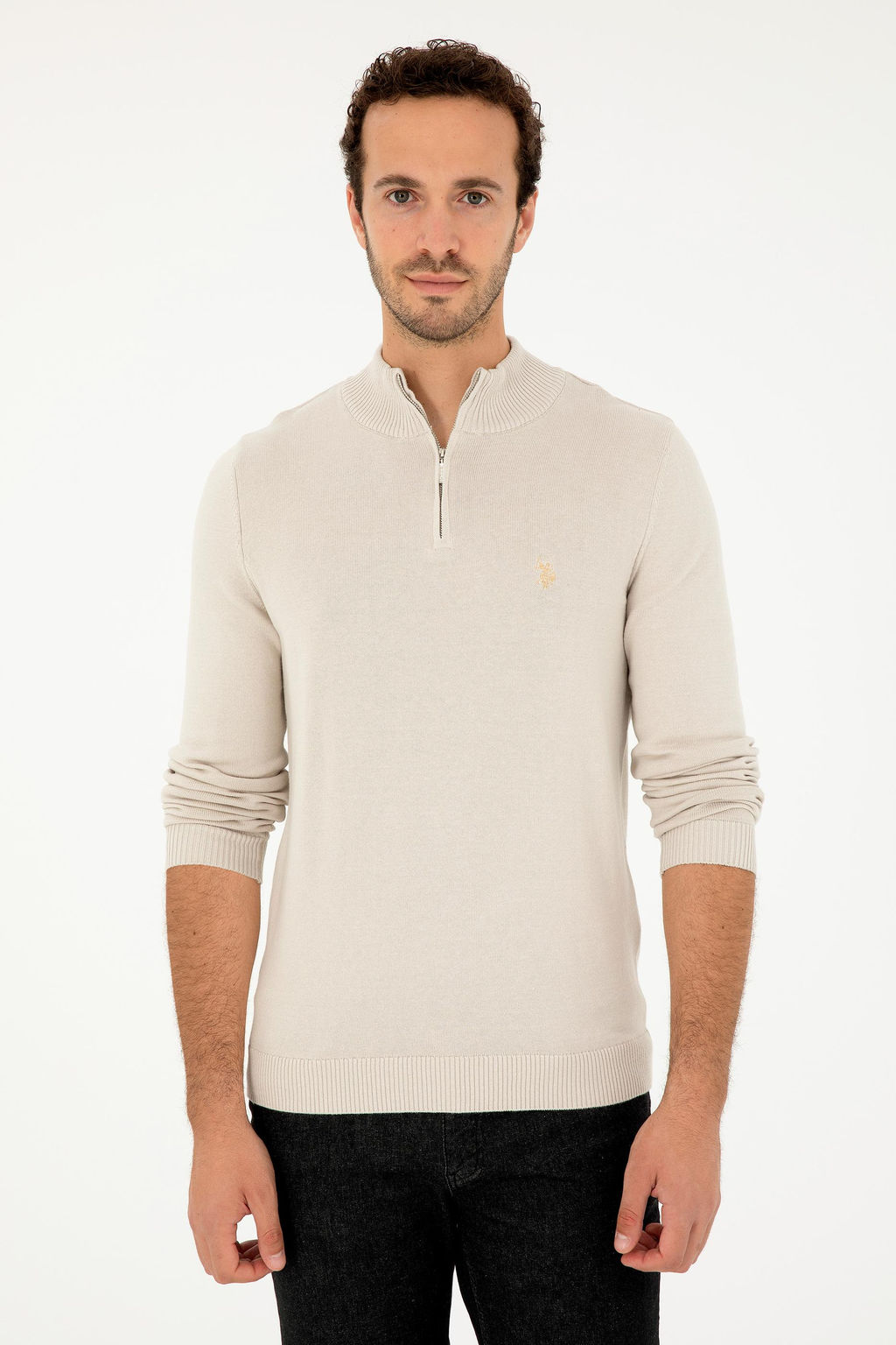 Erkek Slim Fit Yar_m Fermuarl_ Ta_ Basic Kazak