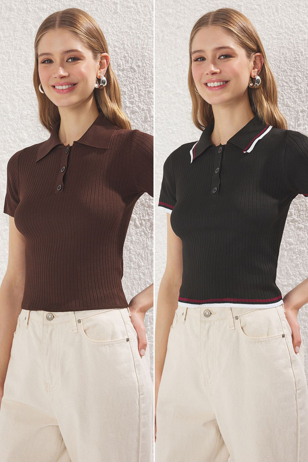 Siyah*001-Kahverengi Basic Polo Yaka Ikili Paket Triko Ince Bluz TWOSS25BZ00503