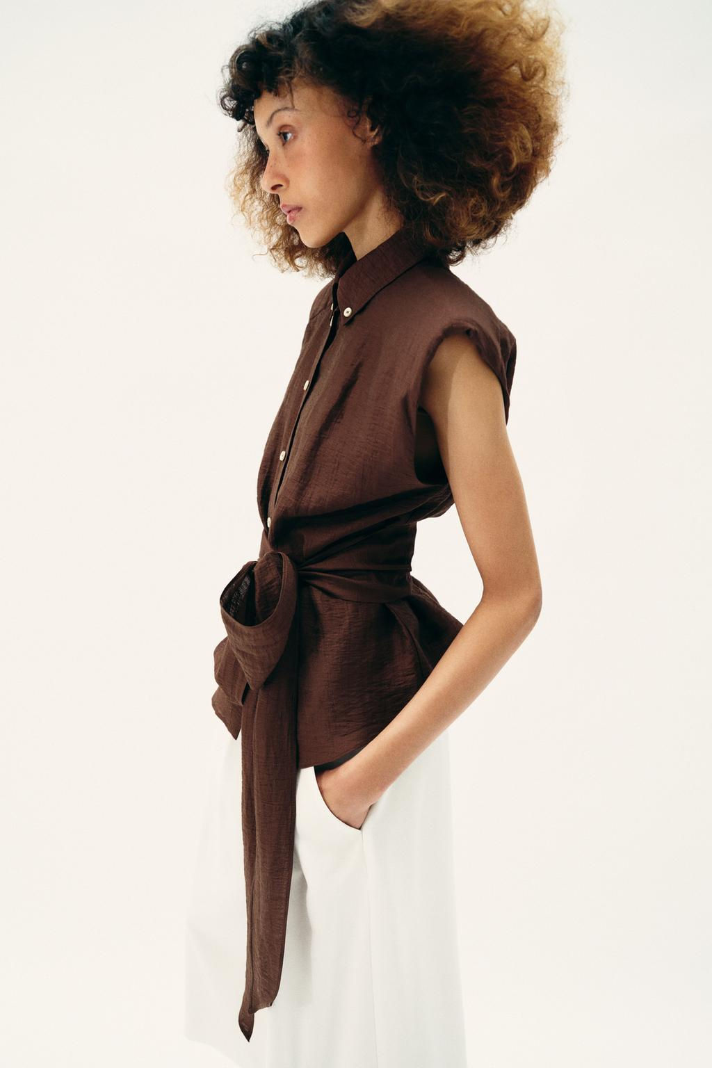 LINEN BLEND SHOULDER PAD TOP WITH BELT - Zara фото 3