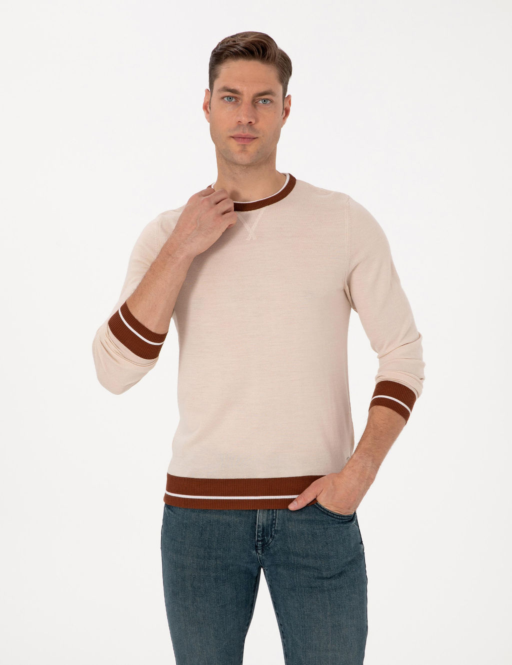Kum Melanj Slim Fit Bisiklet Yaka Y_n Kar___ml_ Triko Kazak - Pierre cardin фото 3