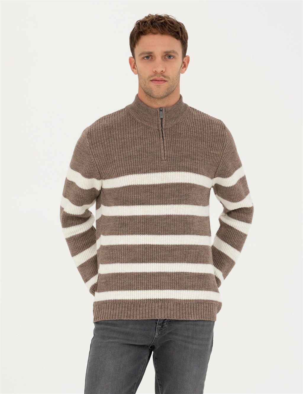 Vizon Melanj Slim Fit Fermuarl_ Dik Yaka Triko Kazak