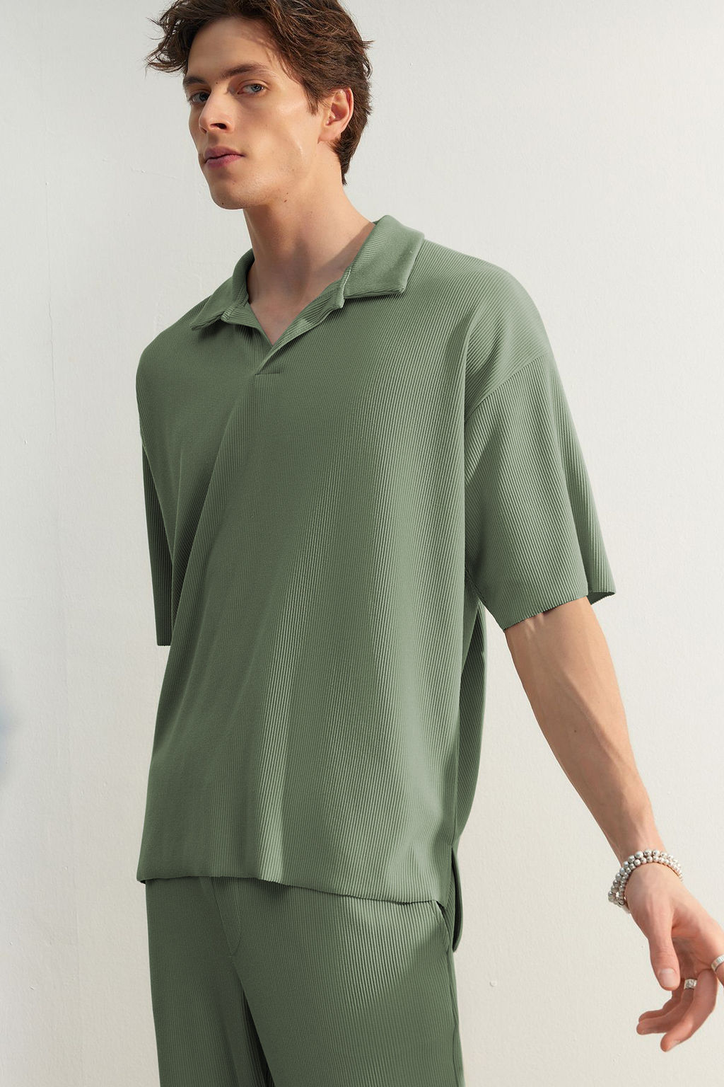 Mint Oversize/Genis Kesim Dokulu K?r?smaz Ottoman Polo Yaka T-Shirt TMNSS23PO00020