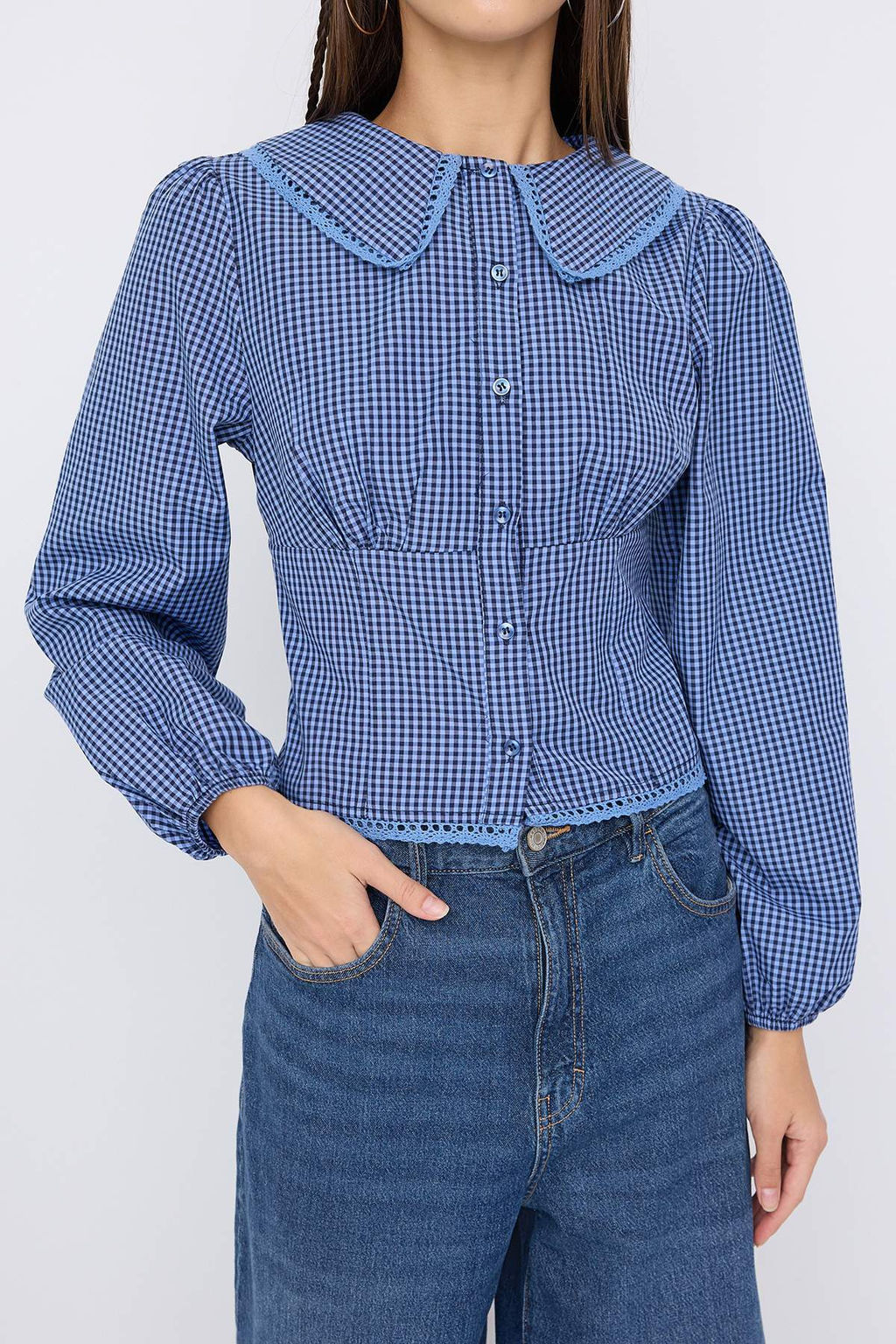 Teen Bebe Yaka Detayl? Kareli Bele Oturan Mavi Gomlek TWOAW26GO00059 - Trendyolmilla фото 6