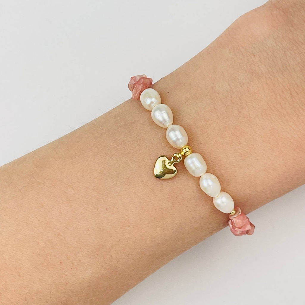 Браслет из Родохрозита и Жемчуга с подвеской "Сердце" 18,5 см +