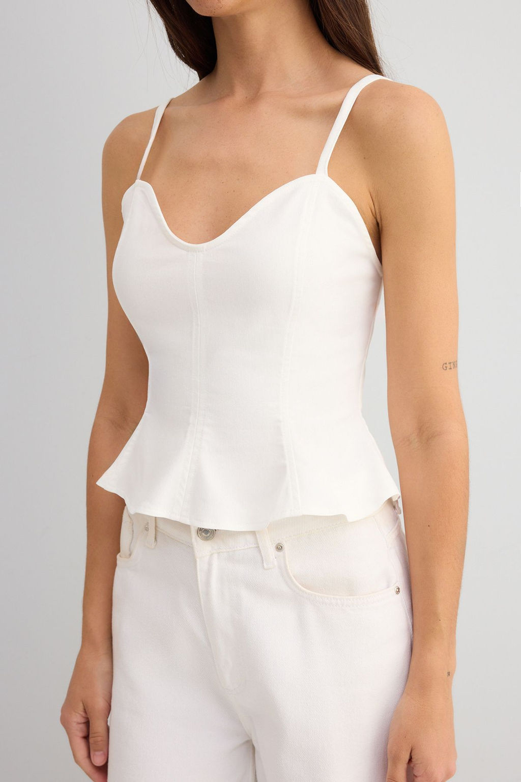 Ekru Pamuklu Gabardin Ask?l? Peplum Dokuma Bluz TWOSS25BZ00537