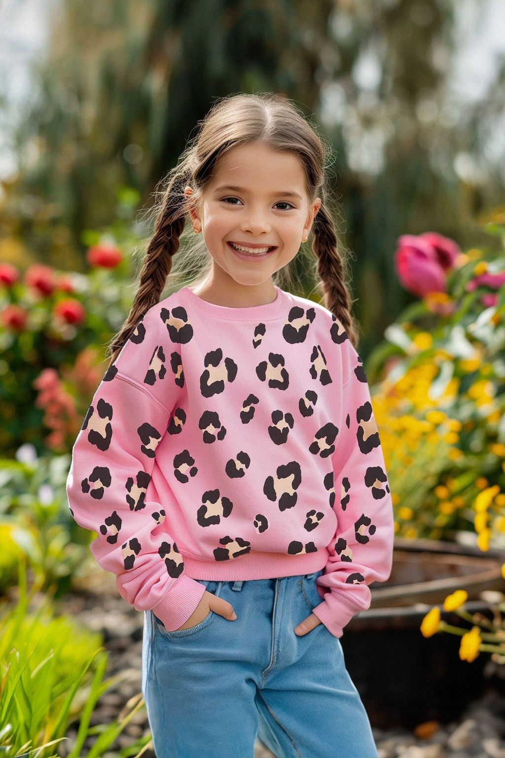 Pembe*003 K?z Cocuk Mevsimlik-Ince Leopar Desenli Orme Sweatshirt TKDAW25SW00001