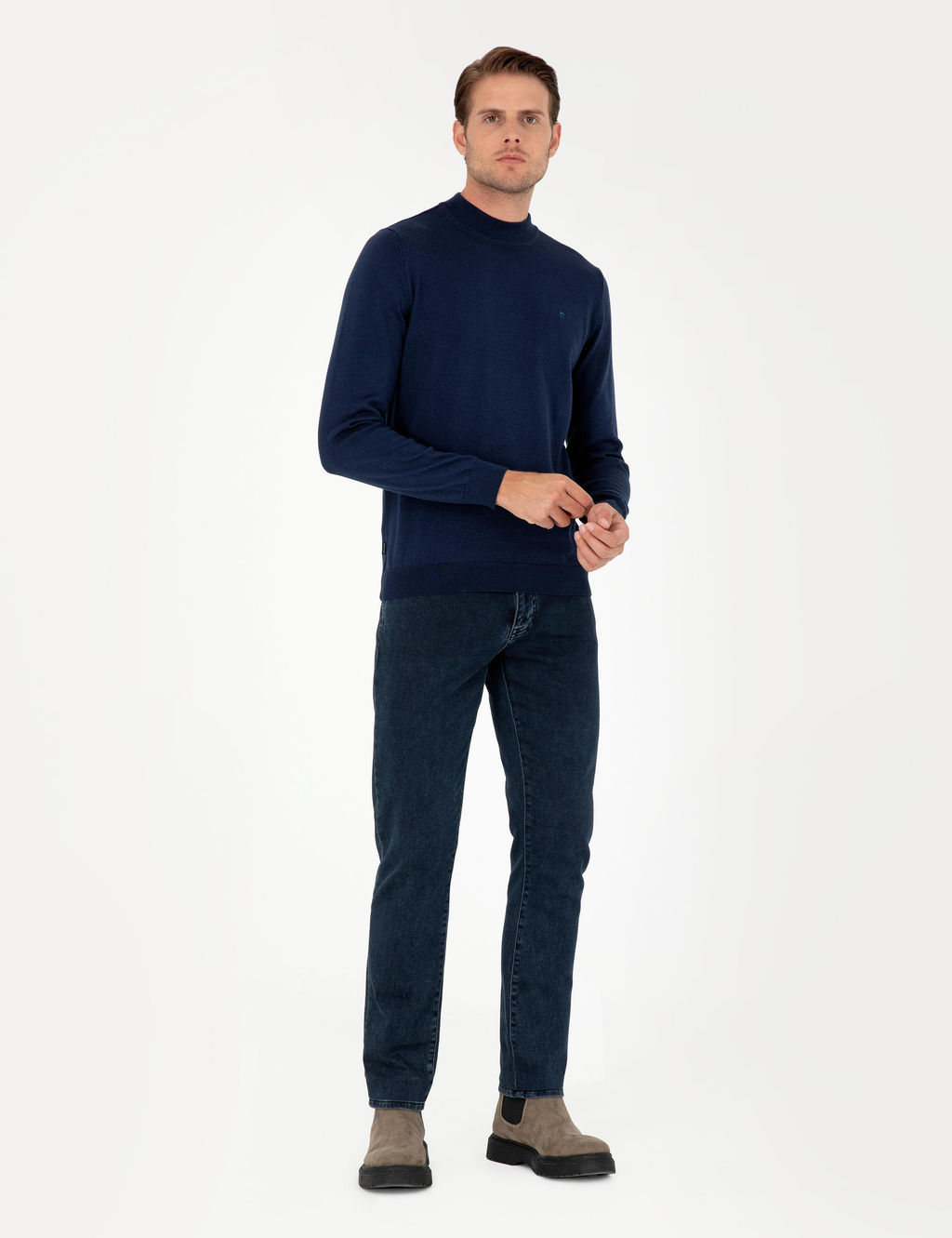 A__k Lacivert Slim Fit Yar_m Bal_k__ Yaka Basic Triko Kazak