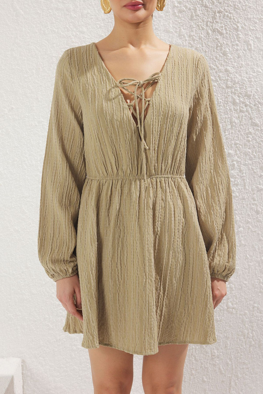 Haki Dokuma Baglama Detayl? Plaj Mini Elbise TBESS23EL00103