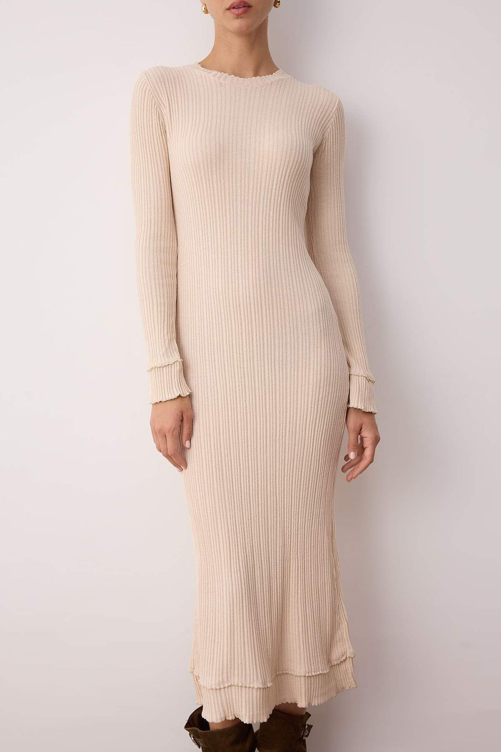 Pudra Merserize Gorunumlu Premium Iplik/Ozel Iplik Maxi Fitilli Dik Yaka Triko Elbise TWOAW26EL00001 - Trendyolmilla фото 3