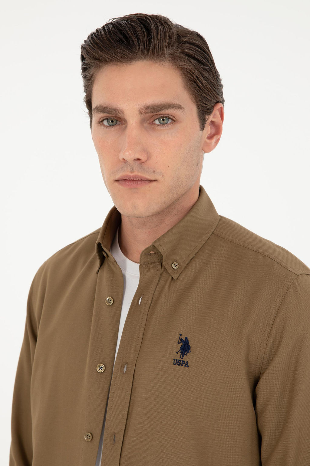 Мужская базовая рубашка цвета хаки с длинным рукавом - U.s. polo assn фото 2