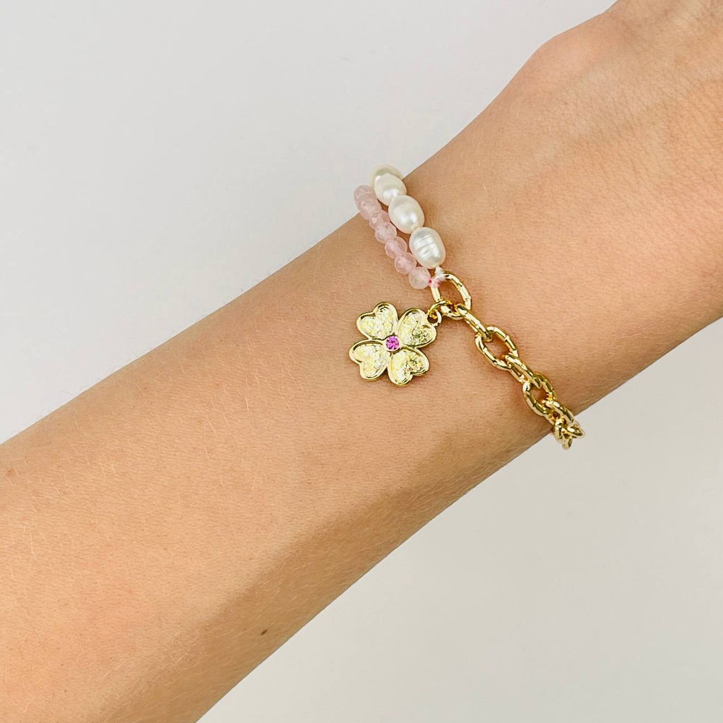 Браслет из Розового кварца и Жемчуга с цепочкой 15,5 см + - Радуга самоцветов фото 2