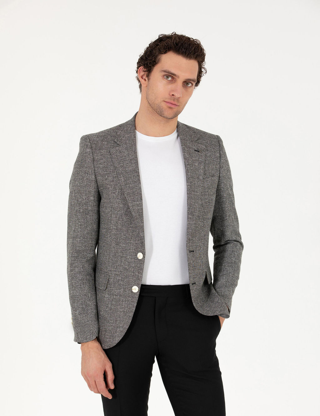 Siyah Slim Fit Keten Kar___ml_ Ceket
