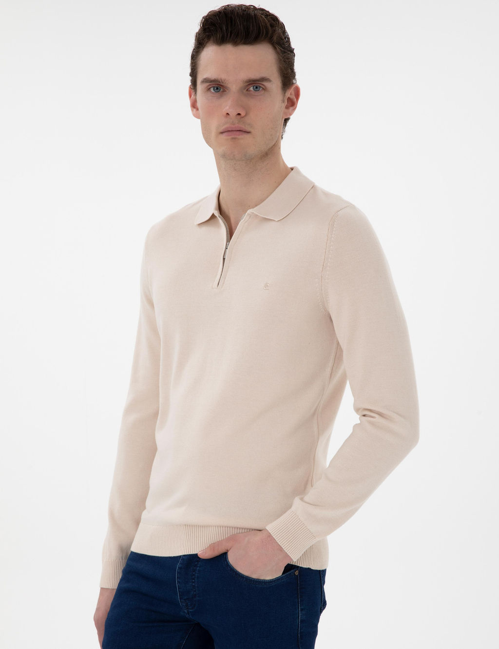 Bej Slim Fit Fermuarl_ Polo Yaka Basic Triko Kazak - Pierre cardin фото 3