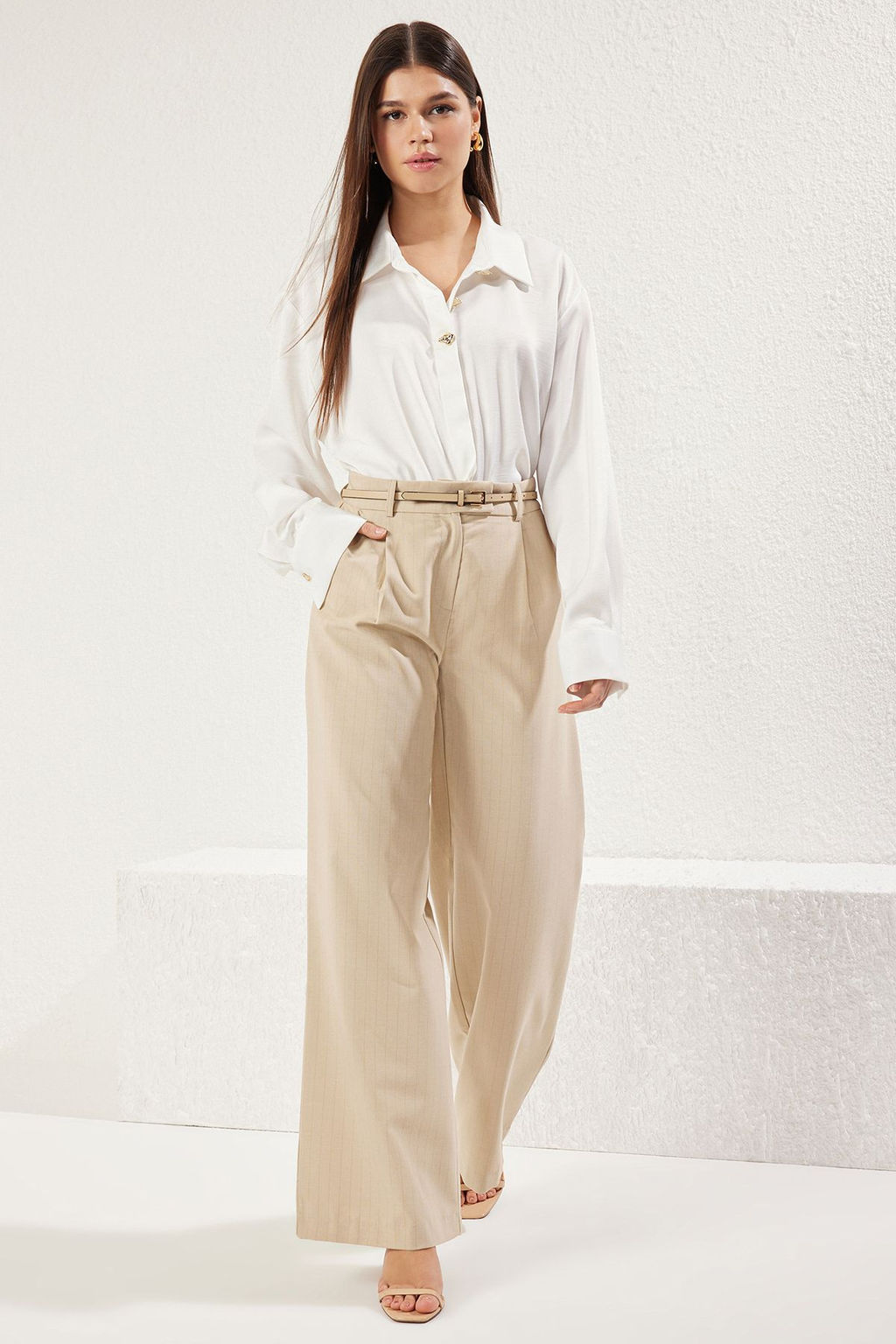 Trendyolmilla Bej Cizgili Wide Leg/Genis Paca Dokuma Pantolon TWOSS25PL00033 фото 2