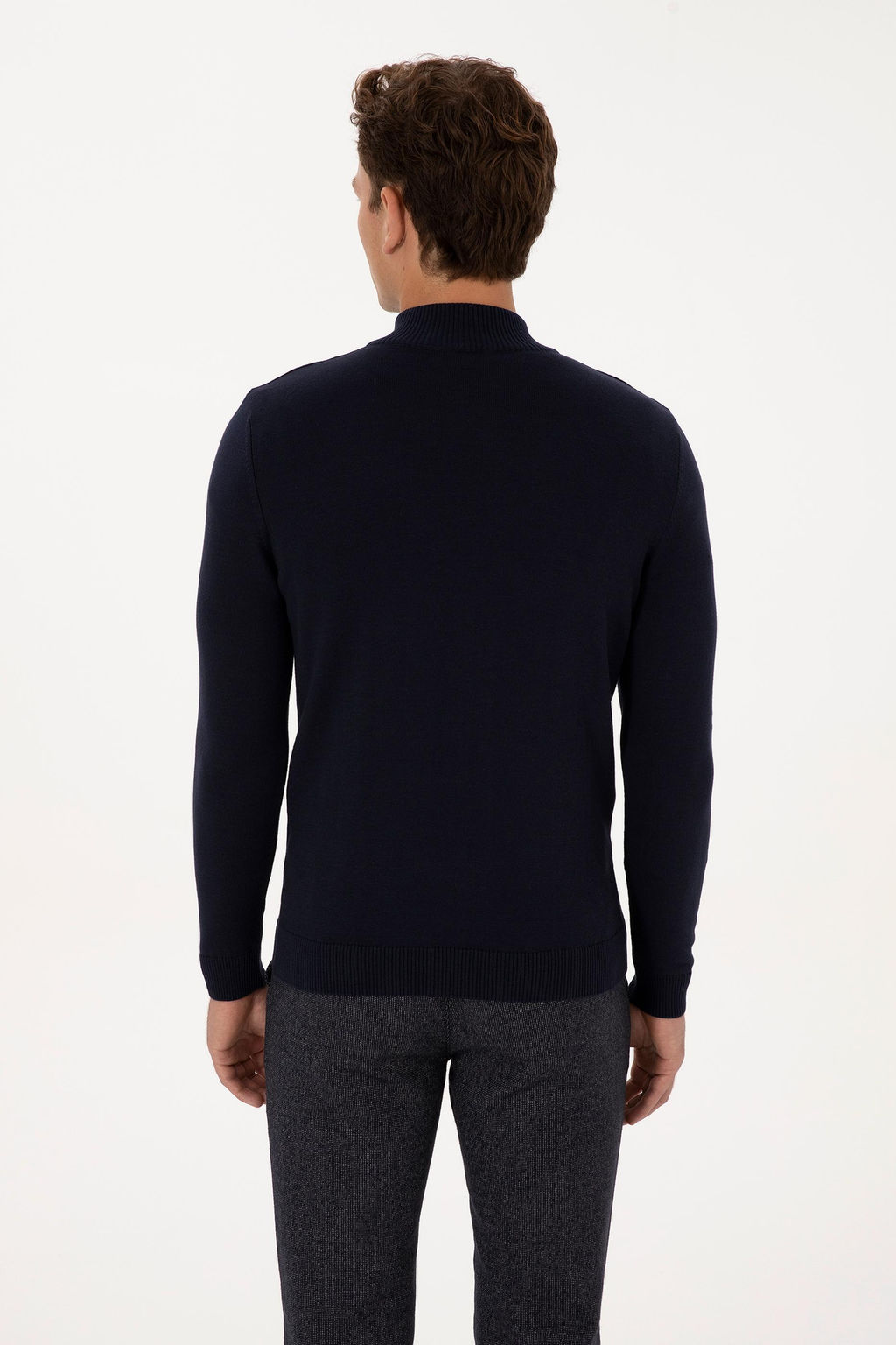 Erkek Slim Fit Yar_m Fermuarl_ Lacivert Kazak