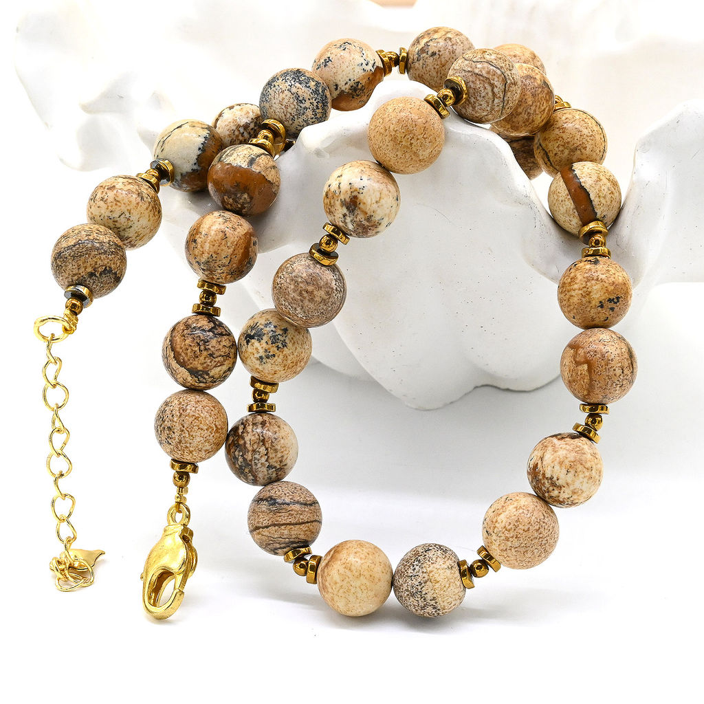 Бусы из яшмы бежевой шарик 10мм, 43см