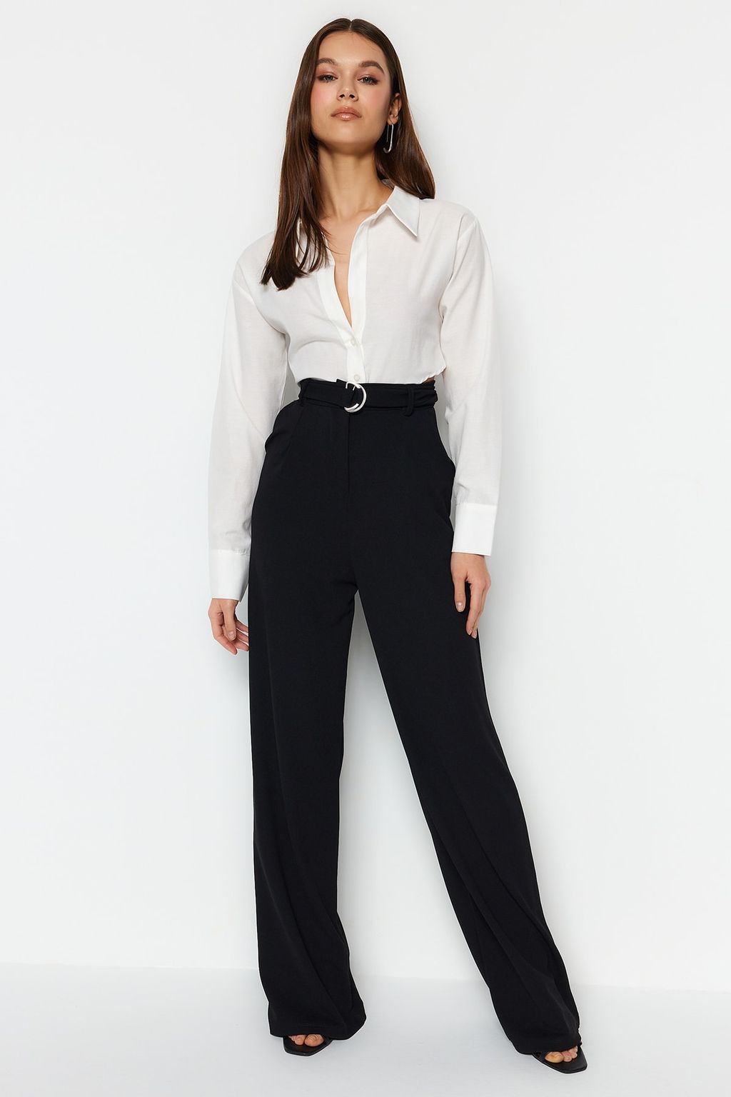 Siyah Kemerli Wideleg/Genis Paca Yuksek Bel Smart Krep Kumas Orme Pantolon TWOSS23PL00330