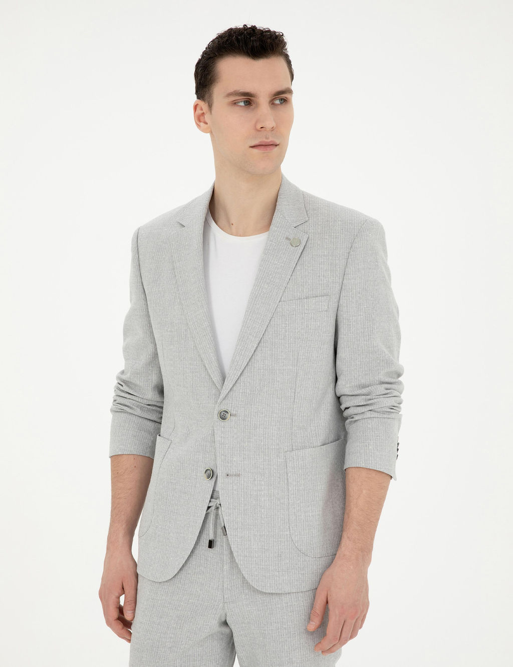 Gri Slim Fit Keten Kar___ml_ _izgili Tak_m Elbise