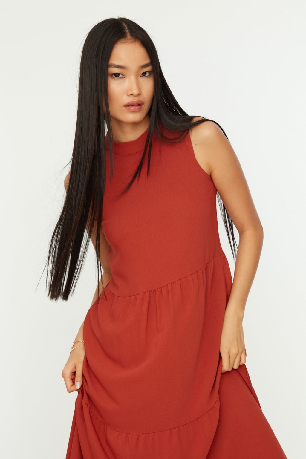 TRENDYOLMILLA Kahverengi Shift/Duz Kesim Dik Yaka Midi Dokuma Elbise TWOSS20EL1864 фото 28