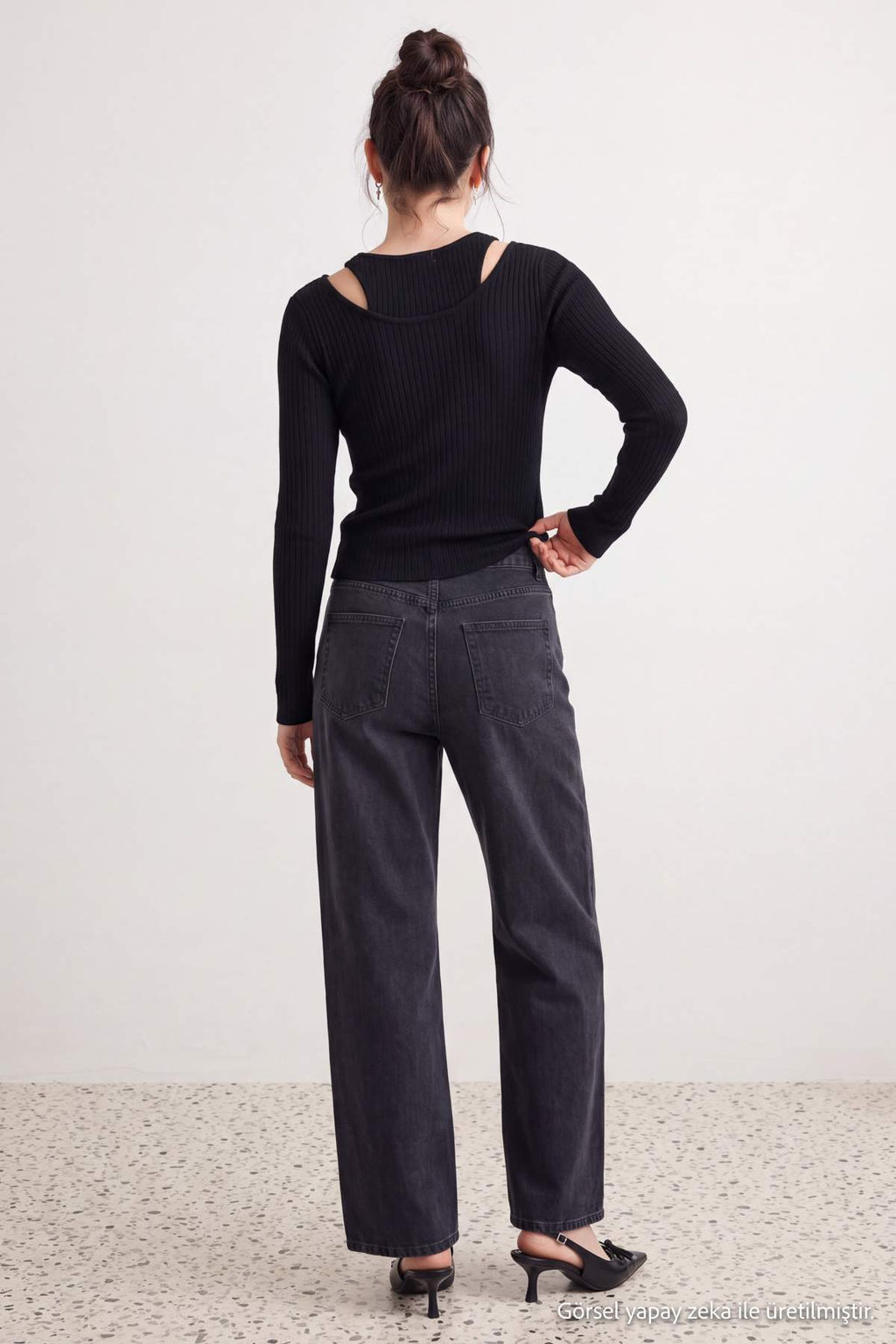 Siyah Ta_l_ Puantiye Desenli Y_ksek Bel Wide Leg Jeans TWOAW27JE00129 - Trendyolmilla фото 3